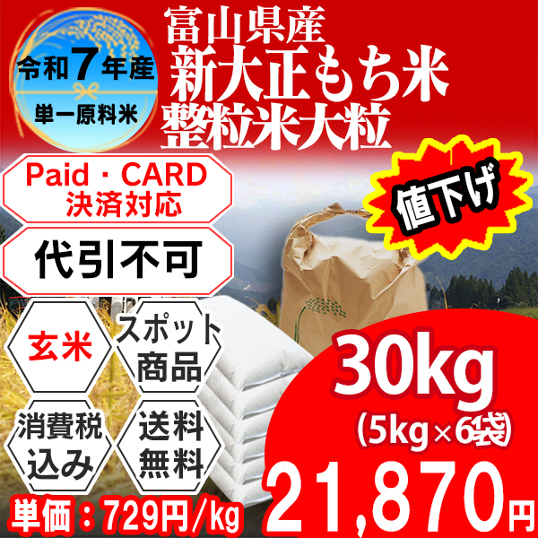 新大正もち米 単銘柄 整粒米 1等米 玄米 富山県 黒部 R7年産 30kg(5kg×6)【クレカ・Paid決済】発送は発送予定表を要確認 (消費税・送料込/配送不可：沖縄・離島)